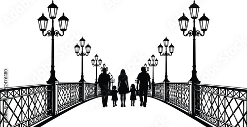 Bridge silhouette illustration, people walking ornate railing artwork, urban community vector design concept
