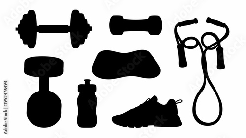 Fitness equipment icons including dumbbells barbell kettlebell jump rope sneakers and water bottle on white background