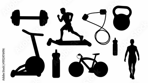 Fitness equipment and people exercising with dumbbells barbells kettlebells treadmill bicycle and water bottles in a gym