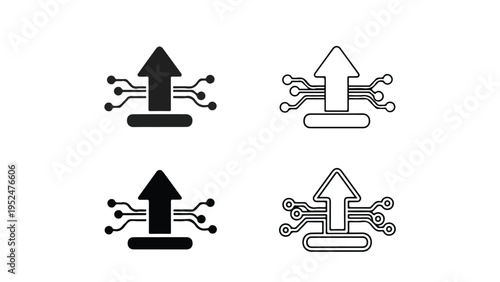 Four icons of arrows pointing up with circuit board elements on a white background.