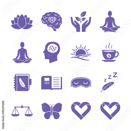 A collection of purple icons representing mental health and wellness