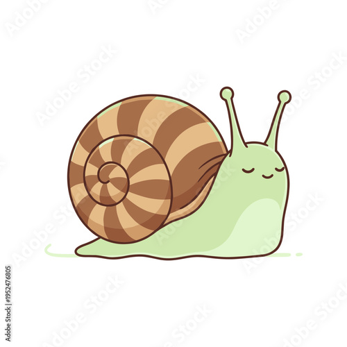 Peaceful cartoon snail character with a spiral shell crawling slowly on the ground isolated on white background for nature education and slow living concepts
