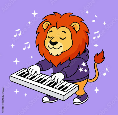 Cool cartoon lion wearing a purple hoodie playing an electronic keyboard piano with musical notes and stars on a purple background for music education and fun