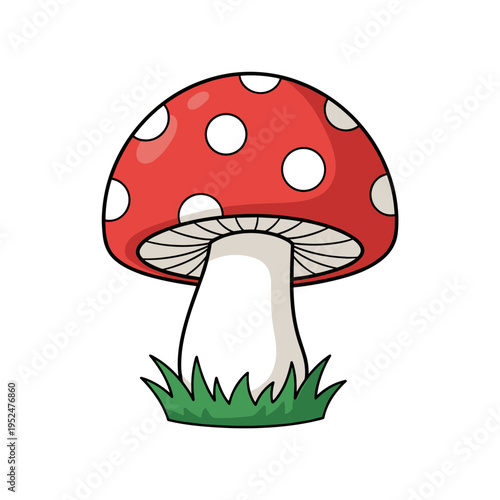 Red forest mushroom with white spots on green grass, flat vector illustration of amanita toadstool for autumn nature themes and fairy tale graphics.