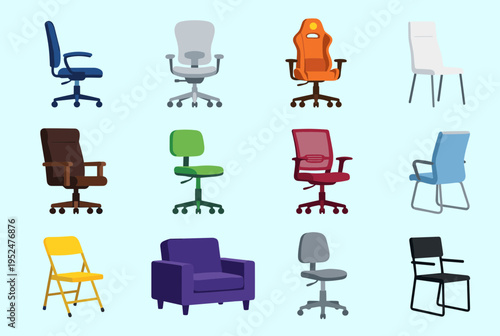 Collection of modern office and home chairs set, flat vector icons of ergonomic furniture, armchairs, and stools for interior design and layout.
