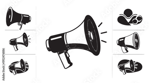 A set of black line art megaphone icons in various styles and angles, isolated on a white background, suitable for marketing and advertising concepts.