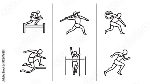 Track and Field Athletics Line Icons Set, Running Jumping Throwing Sports Pictograms, Bold Black Outline Vector Isolated on White