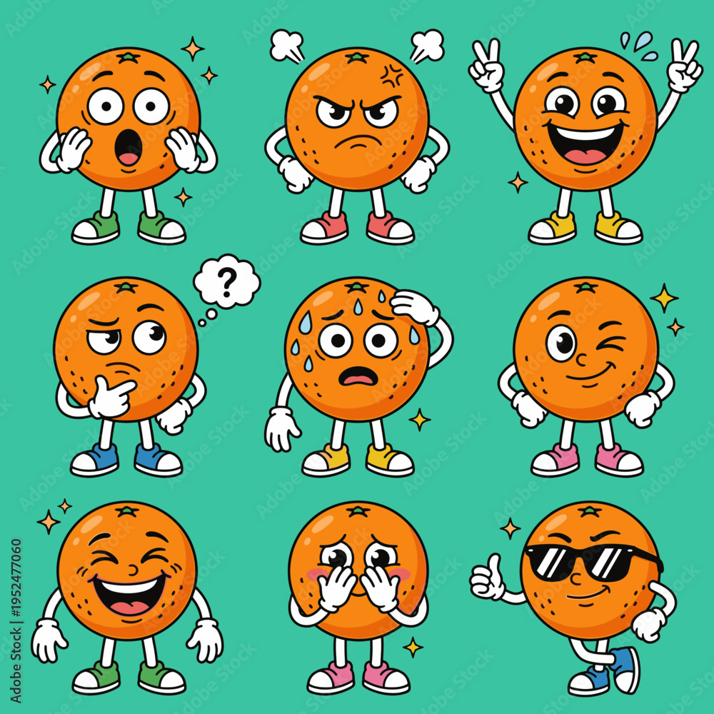 Fototapeta premium Set of nine orange fruit mascot characters with various facial expressions and emotions including happy angry sad and cool for food mascot design