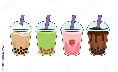 Assorted bubble tea or boba milk tea flavors collection with tapioca pearls in plastic cups isolated on white background for cafe and cold drink menu
