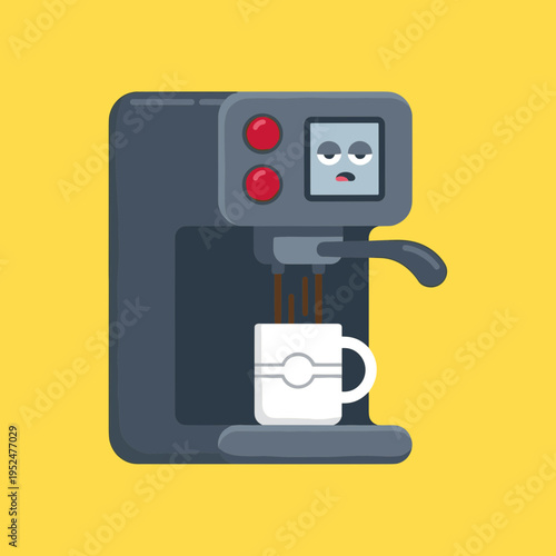 Tired coffee machine character with sleepy face icon brewing fresh espresso for morning routine and caffeine addiction office work energy concept