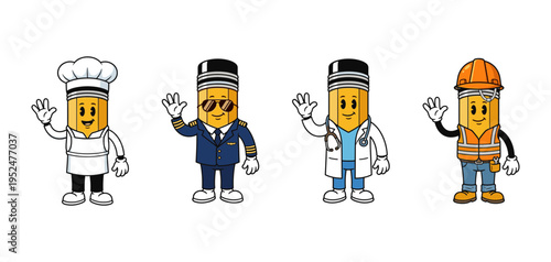 Set of retro pencil mascot characters dressed as different professions including chef pilot doctor and construction worker for education and career concept
