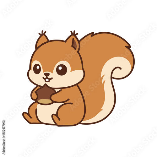 Cute squirrel character holding an acorn nut illustration in kawaii style isolated on white background for forest animal and autumn season concept
