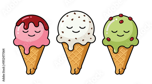 Three cute ice cream cones characters with happy faces and different flavors strawberry vanilla and pistachio isolated on white background for dessert menu