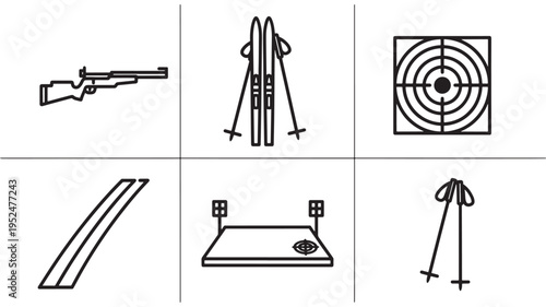 A collection of simple black line art illustrations on a white background, featuring a gun, skis, target, skateboard, easel, and bow and arrow, potentially used for educational or design purposes