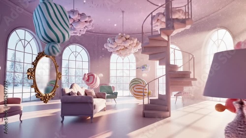 A whimsical living room with surreal, floating decorations and furniture