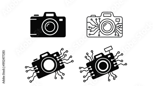 Black and white illustrations of cameras and camera circuit boards on a white background.