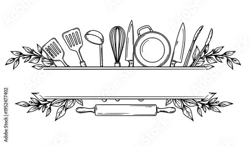 Cooking Utensils and Botanical Banner Vector Illustration in Black and White for Culinary and Social Media Design