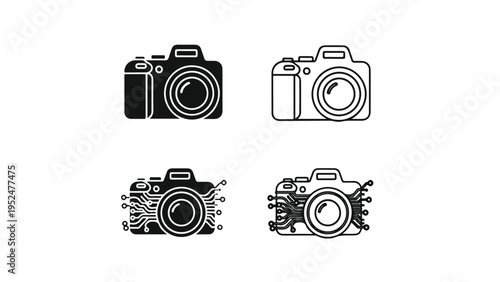 Four black and white camera icons in different styles on a plain white background.