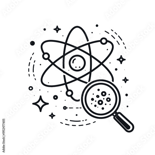Engaging scientific research and discovery icon, showcasing an atom structure and a magnifying glass analyzing microscopic elements, ideal for educational, technology, and innovation projects