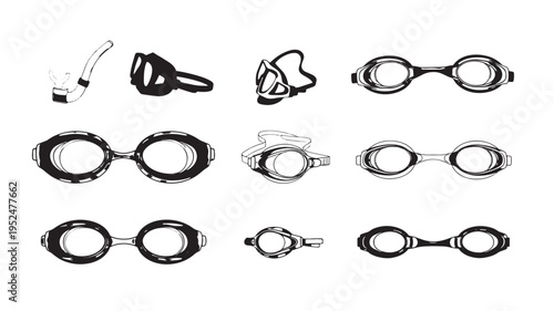 A collection of simple black line art illustrations of various glasses and goggles isolated on a white background, suitable for design, education, or marketing materials.