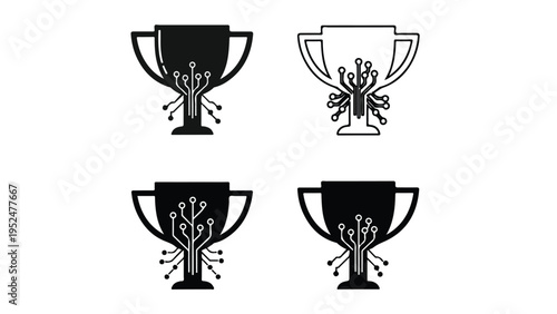 Four black and white trophy icons with burst designs on a plain white background in a flat lay composition.