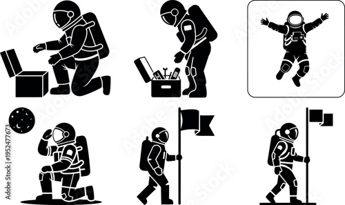 Cute astronaut icons set showcasing various space activities and exploration tasks