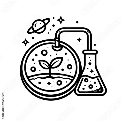 Modern Scientific Growth Icon Stylized illustration of a plant in a petri dish linked to a lab flask under a starry sky with a planet, symbolizing biotechnology and cosmic exploration