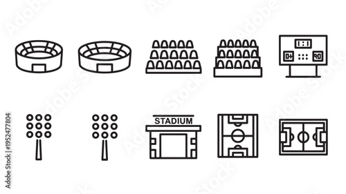 Comprehensive Sports Venue Icon Set Featuring Stadium Arenas Tiered Seating Sections Ticket Booth Scoreboard Floodlight Towers Entrance Gate and Soccer Field Layout in Clean Minimal Black Line Art