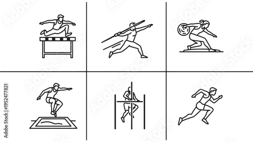 Professional thin line icon set featuring track and field events: hurdles, javelin throw, discus throw, long jump, high jump, and sprinting. Minimalist black and white vector illustrations for athleti