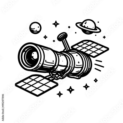 Space Exploration Telescope Icon An Illustration of a Satellite with Solar Panels and Planets in Outer Space