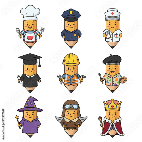 Collection of cute pencil characters in various professional uniforms, set of education mascots for career exploration and vocational training icons