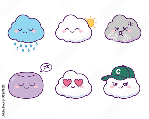 Collection of cute kawaii cloud characters with different weather emotions including rainy sunny windy sleepy in love and cool expressions for kids