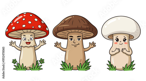 Set of three cute mushroom characters with different expressions and colors in Kawaii style for autumn nature themes, forest education, and fairy tale art