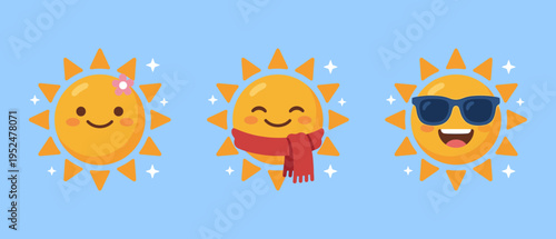 Set of cute Kawaii sun characters representing different weather and activities with flower, scarf, and sunglasses for seasonal and emotional concepts