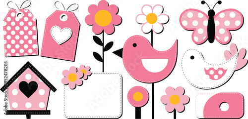 Flat vector set of cute pink garden scrapbook elements featuring birds flowers butterfly birdhouse and blank tags isolated on white background for wedding and greeting card design projects.