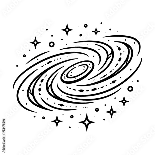Abstract spiral galaxy icon with stars and constellations, a celestial representation of the cosmos and outer space exploration