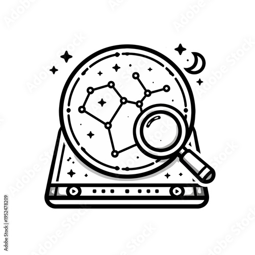 Minimalist line art icon representing cosmic exploration, featuring a magnifying glass over a star constellation on a digital device, symbolizing scientific discovery