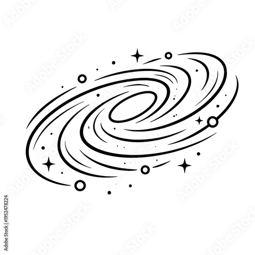 Stylized spiral galaxy icon with orbiting stars and cosmic elements, perfect for science, astronomy, and celestial-themed graphic design projects