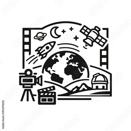 Dynamic Vector Icon Merging Cinematic Storytelling with Cosmic Exploration, Scientific Discovery, and Space Adventure Themes, Perfect for Educational and Entertainment Content