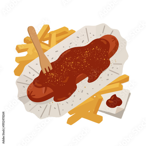 A clean and professional flat vector illustration of a classic German Currywurst meal. The graphic depicts a whole bratwurst sausage smothered in thick, spiced tomato curry sauce.
