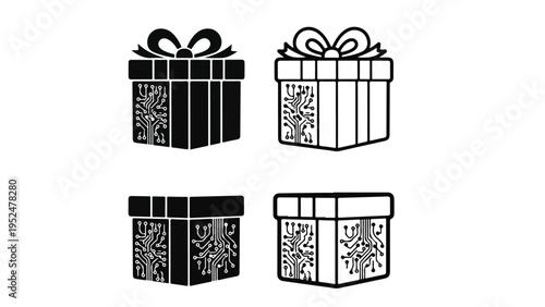 Four black and white gift boxes with bows and ribbon on a plain white background in a graphic illustration.