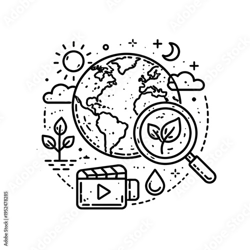 Eco research icon representing earth, video, and plant growth under the sun and moon, symbolizing environmental science and sustainability