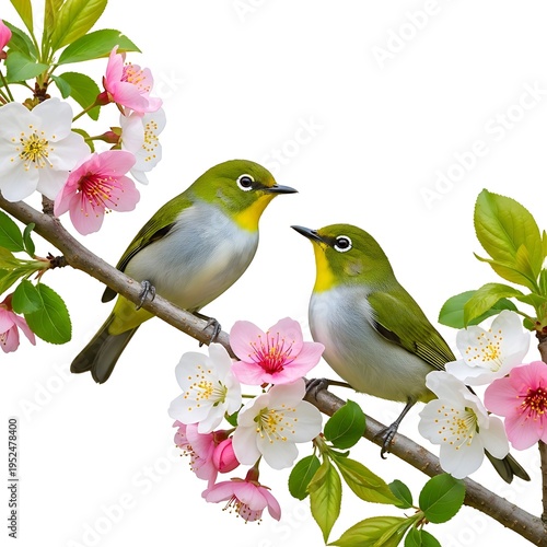 Two white eye birds on a cherry blossom branch