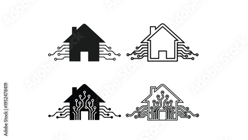 Four black and white house icons with varying tree designs on a plain white background.