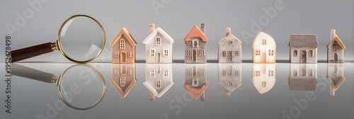A magnifying glass placed next to a variety of small house models reflected on a gray surface. Concept for property search, real estate market analysis, and home inspection.