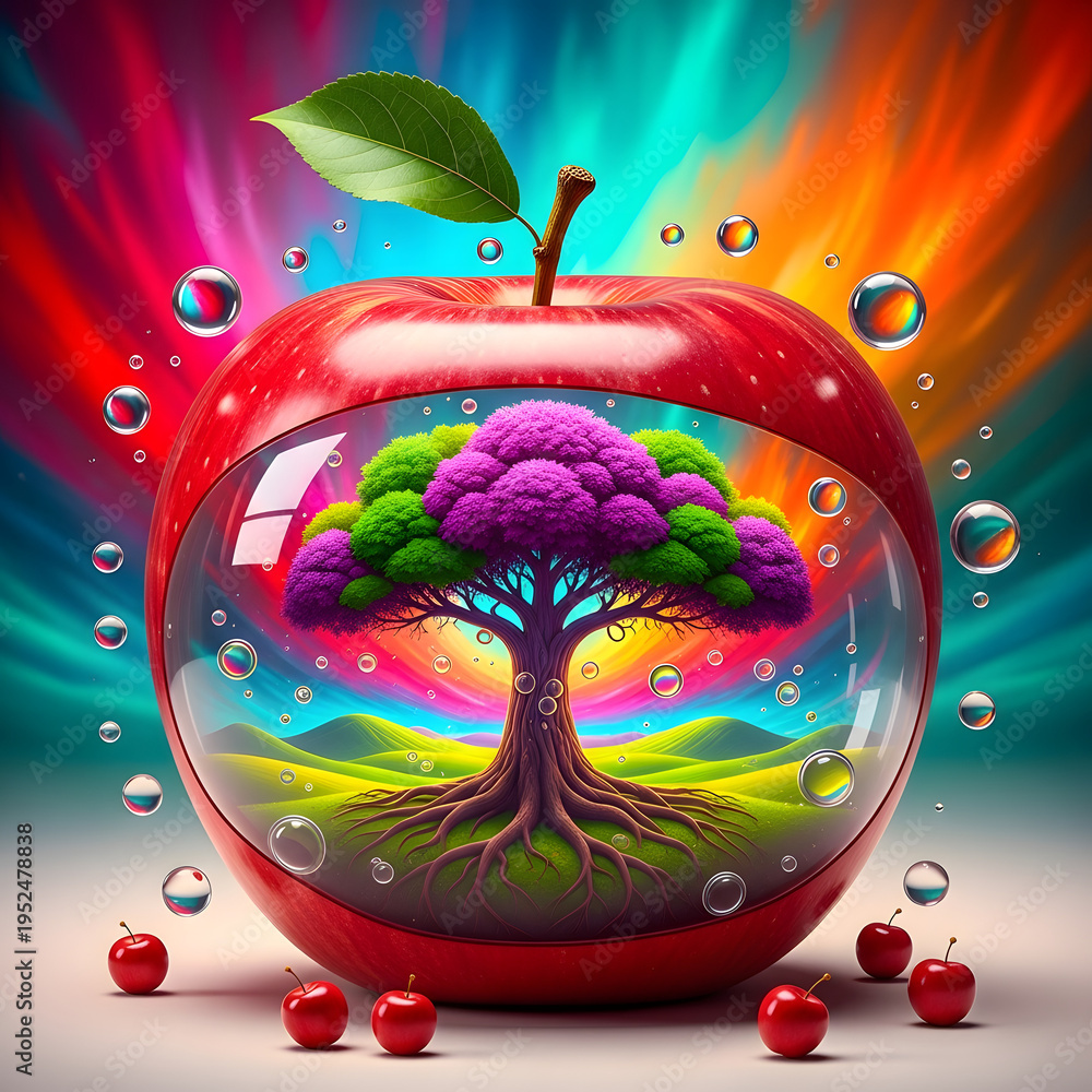 Obraz premium Vibrant red apple with a colorful tree of life inside a glass sphere, surrounded by water droplets and a rainbow background, symbolizing nature, growth, and health.