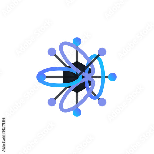 Atom structure with blue orbitals and black core