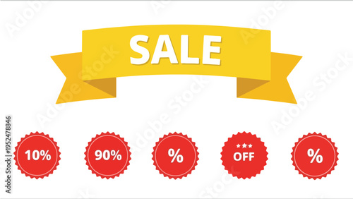 Graphic illustration of a yellow sale banner with red discount circles on a white background.