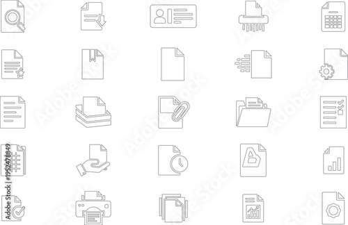 Collection of Line Icons Representing Document Management, Paperwork, and Office Tasks , search, print, data, analysis, checklist, folder, report, contract, resume, id card