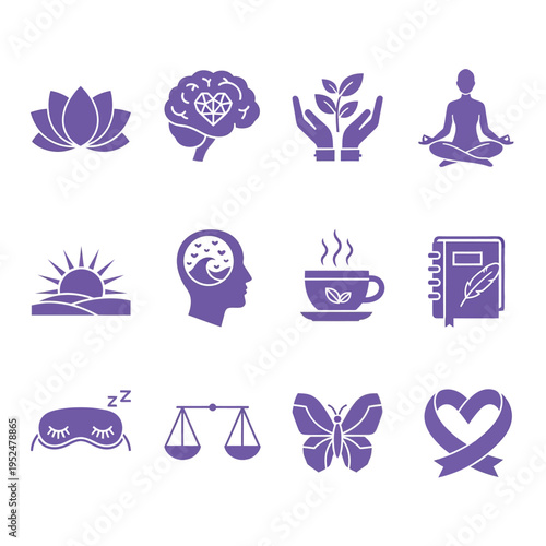 A collection of purple icons representing mental health and wellness